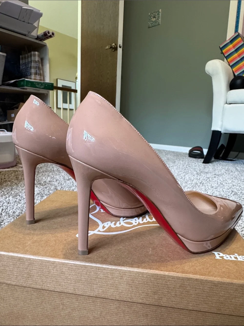 Christian Louboutin Nude Patent Leather Pointed-Toe Pumps with Red Soles